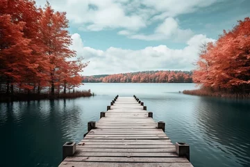 Foto op Canvas Pier leading into a lake in autumn. Generative AI. © Kamtugeza