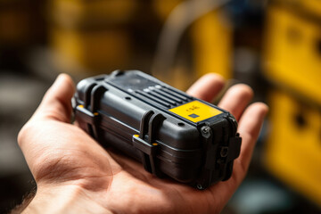 Macro shot of a rugged data logger being used to monitor and record vibrations in heavy machinery on a factory floor