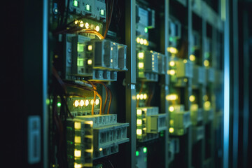 Macro shot of circuit breakers in a data center with blinking LED lights and servers in the background
