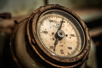 Macro shot of an old pressure gauge with a worn out face and rusted casing in a vintage industrial environment