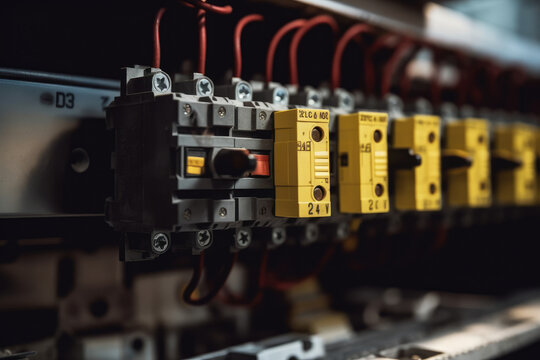 Macro shot of Busbars in an electrical switchgear with circuit breakers and warning signs in the background