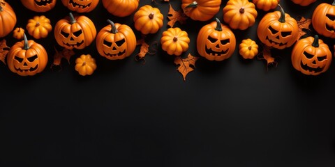 Halloween flat lay composition with pumpkins on black background. Happy halloween banner mockup, generative ai
