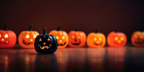 Halloween pumpkins head jack lantern in a background spooky at night, Copy space, generative ai