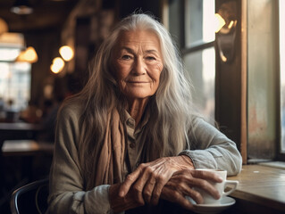 An elderly elegant woman with long hair in a cafe. AI generation