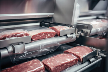 Zoomed-in perspective of vacuum packaging machine processing bulk meat products with airtight sealing