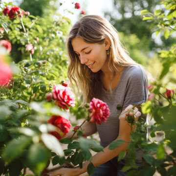 lifestyle photo woman tending her rose garden
