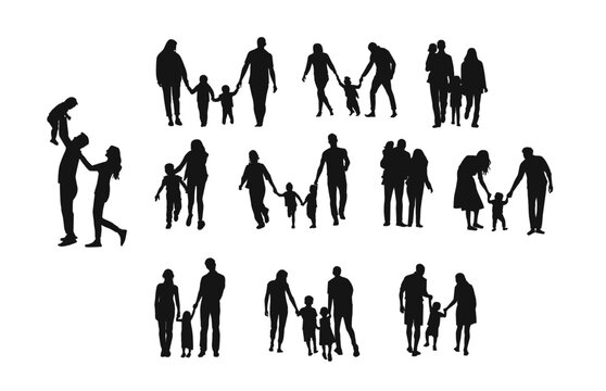 Family silhouettes, parents with their little baby. Families with little child