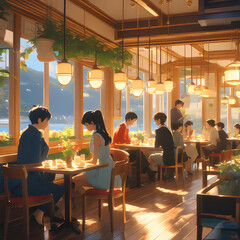 Fototapeta na wymiar A group of customer having a discussion, inside a fine dinning café. Ai generated.