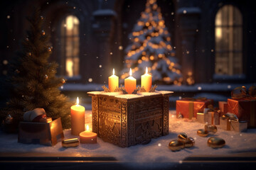 Christmas box with candles by the tree. Generative Ai. 