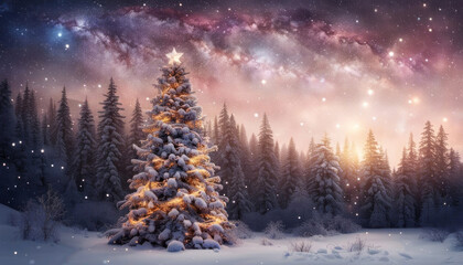 Christmas tree in the winter forest with copy space - Powered by Adobe