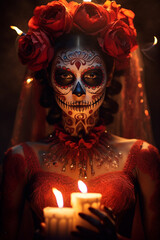 La Catrina dia de muertos schöne Frau mit Maske / Make-up, dekoriert mit Blumen Kostüm. Tag der Toten in Mexico. Hochkant. Hochformat. Generative Ai.