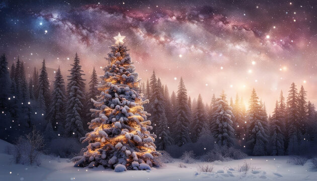Christmas tree in the winter forest with copy space