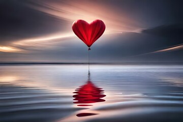a red hot air balloon over the sea, reflection of the heart is very charming 
