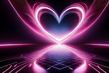 abstract background with shining heart on black background and neon light rays 