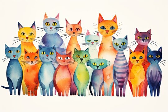 Colorful cartoon cat collection on white backdrop. Playful graphic illustration design. Concept of whimsical feline poster art.