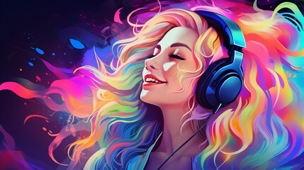 young woman closing her eyes listens to music in headphones, colorful illustration. Generative AI.