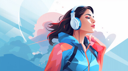 woman listening to music with headphones, colorful illustration. Generative AI.