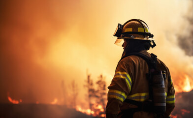 Portrait of a firefighter looking at dramatic forest fire caused by hot weather