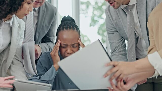 Business, headache and woman with stress, multitasking or workflow crisis with chaos, burnout or pressure from team. Migraine, female person or manager with anxiety, overworked or deadline with audit