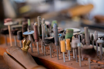Instruments kit in a large workshop for the manufacture of handmade jewelry