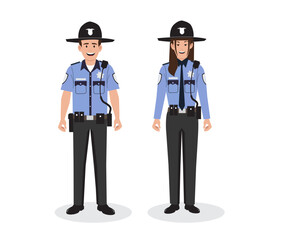Set of USA policeman and policewoman standing together. Cute and simple in flat style vector illustration