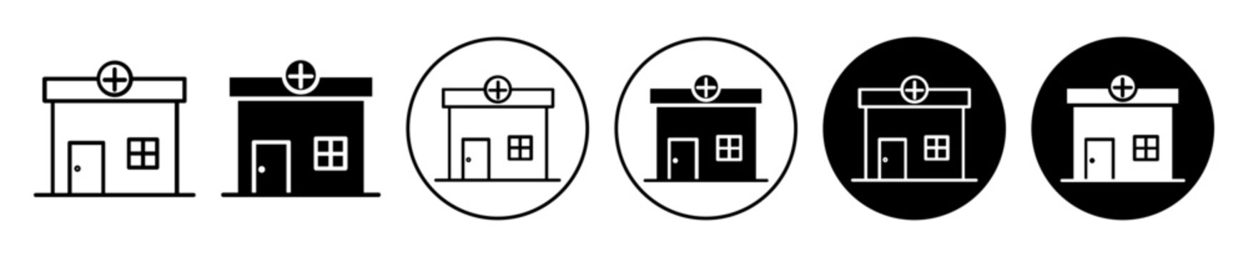 pharmacy icon set. medic or clinic building line vector symbol. drugstore or medical center sign in black filled and outlined style.