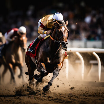 horse race with rider pushing for final victory