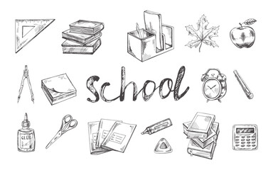 Back to School, hand drawn school supplies - big sketch set. Doodle lettering and school object collection. Education Concept. Vintage sketch element.  Vector illustration. Back to School.