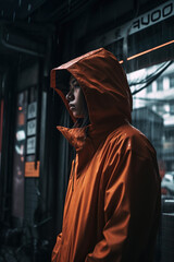 Asian woman wearing orange raincoat in the rain. ia generate