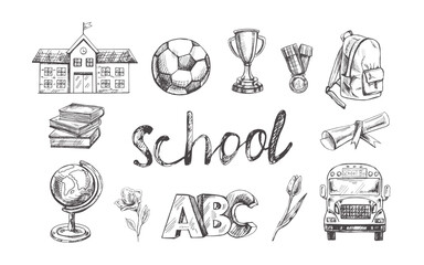 Back to School, hand drawn school supplies - big sketch set. Doodle lettering and school object collection. Education Concept. Vintage sketch element.  Vector illustration. Back to School.