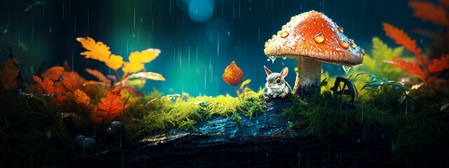 Obraz na płótnie Canvas Mushroom and mouse in the rain forest. selective focus. 