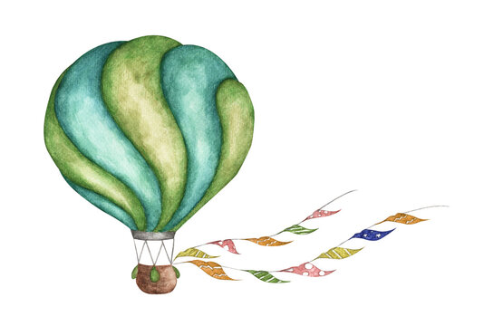 Green hot air balloon with flags garlands. Watercolor illustration.
