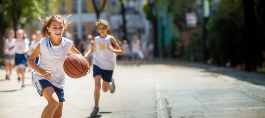 Female basketball player with a ball in the game - obrazy, fototapety, plakaty