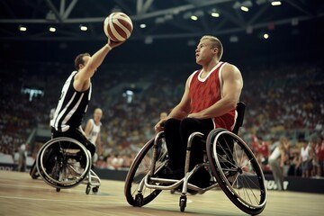 Low angle view of a player during a wheelchair basketball game. - obrazy, fototapety, plakaty