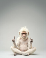 Funny sitting monkey, smiling, pointing finger above showing something in empty copy space. Generative AI