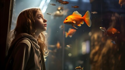 Verzaubertes Kind: Eine magische Begegnung mit den schillernden Bewohnern des Aquariums - obrazy, fototapety, plakaty