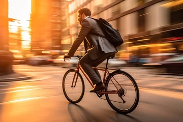 Foto op Canvas A working concept that expresses the daily life of a busy businessman who commutes by bicycle. The background is a long shot of business buildings and moving cars. © cwa