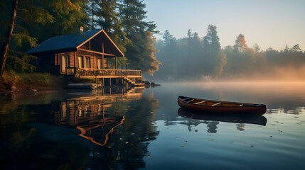 Fototapeta premium Boot und Haus an einem malerischen Gewässer