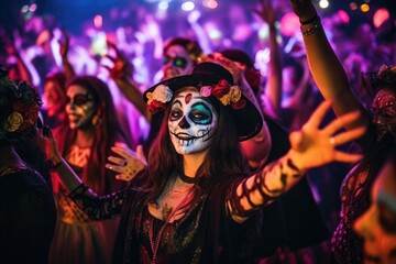 People having fun at Halloween party. Cheerful friends dancing in the costumes in nightclub.