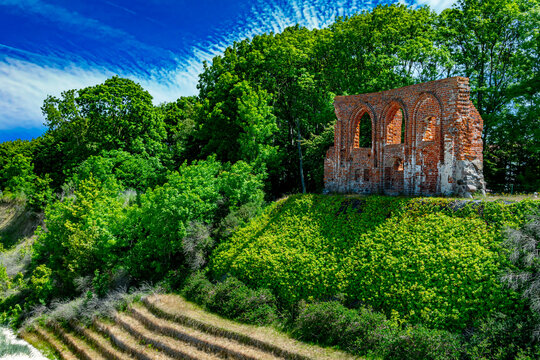 Ruins of the church in Trzesacz on the Baltic coast in Poland