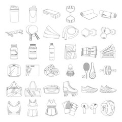 Shaker, dumbbells, protein, bag, rollers, sportswear. Various Sport equipment. Fitness inventory. Line art.