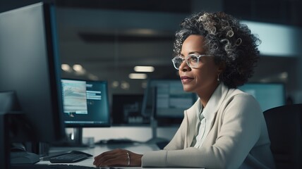 charismatic mature middle-aged african woman with silver hair, a businesswoman working in data analytics science or engineering sitting i n front of the monitor. clean-photo