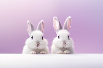 Pair of cute rabbits on minimalistic violet background. AI generated