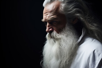 Portrait of wise serious focused old man with gray beard on dark background, strong confident senior man in white robe looking away