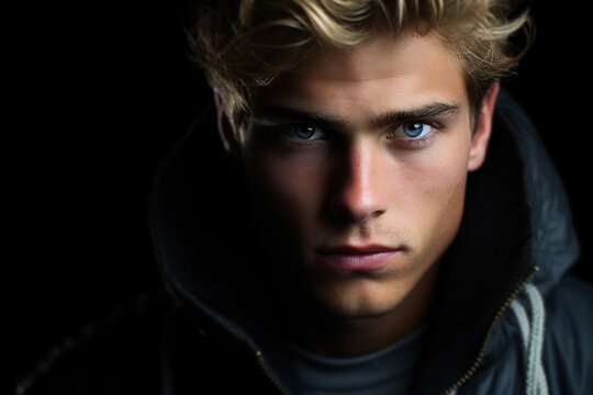 Portrait of handsome caucasian guy blond looking at camera, face of male young model on dark background.