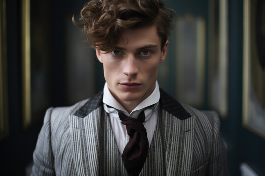 Beauty Portrait Of A Stylish Caucasian Young Man In A Vintage Suit, A Stylish Handsome Guy Male Model With A Hairstyle Looking At Camera