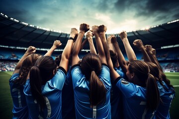 A group of girls - a female football sports team in blue uniform cheering because of victory in a...