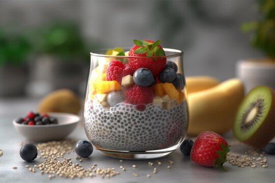 Chia pudding with berries and fruits, healthy super food. AI generated