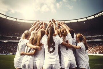 A group of girls - a female football sports team in white uniform cheering because of victory in a game after making a goal at the stadium or a soccer field