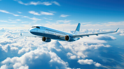 Airplane in bright light above the clouds